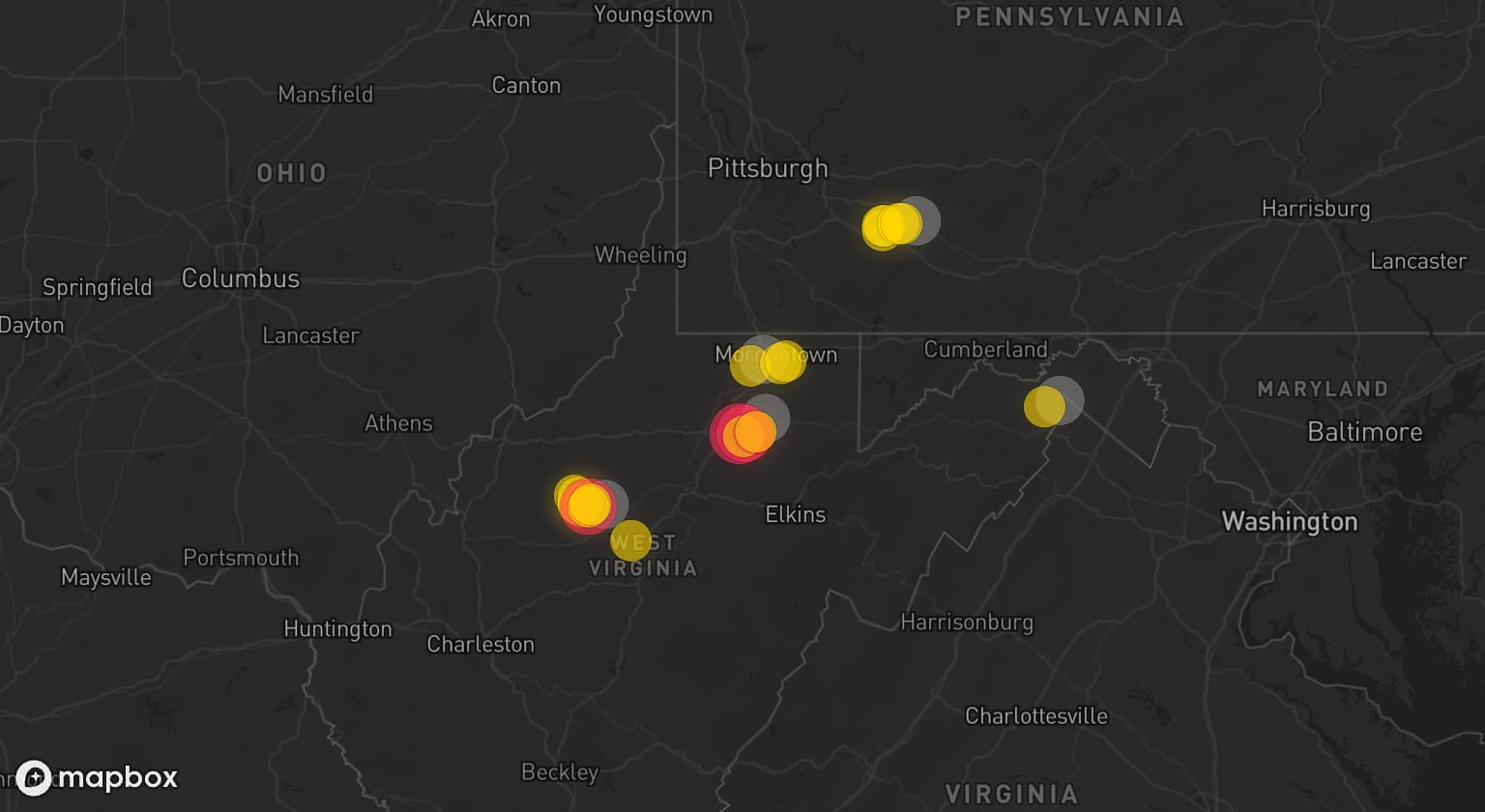 Storm map for 5 areas across Pennsylvania, West Virginia, and Virginia