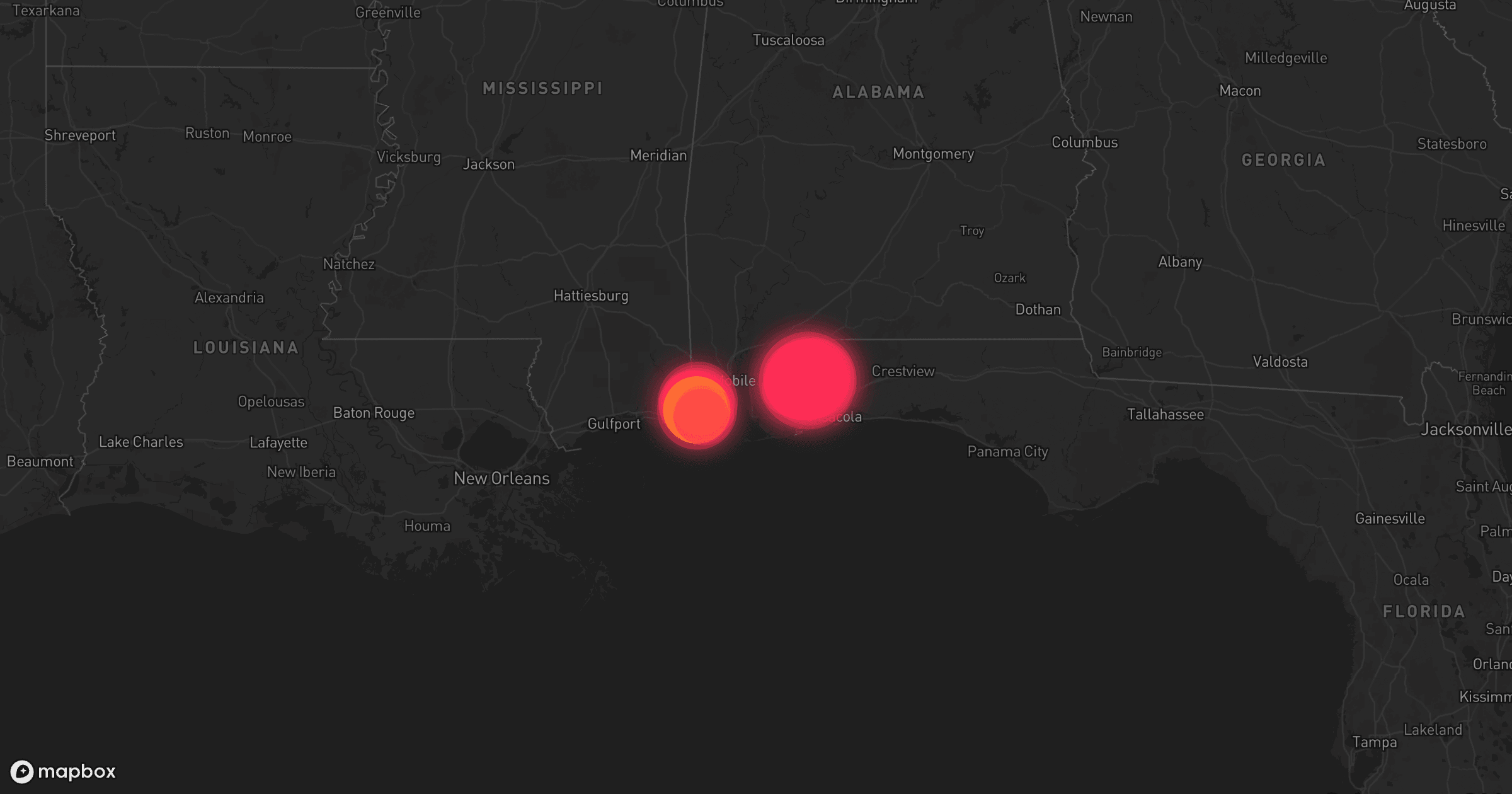 Storm map for 2 areas across Florida and Alabama