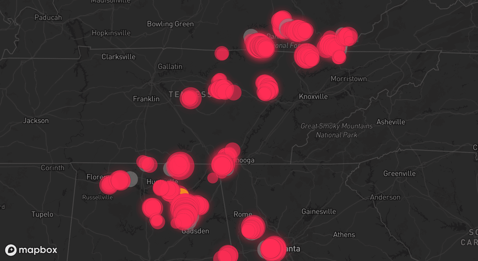 Storm map for 23 areas across Alabama, Georgia, Virginia, Kentucky, and Tennessee