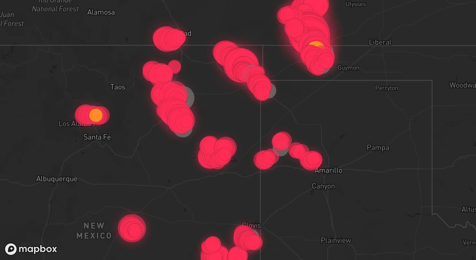 Storm map for 26 areas across Colorado, Oklahoma, New Mexico, and Texas