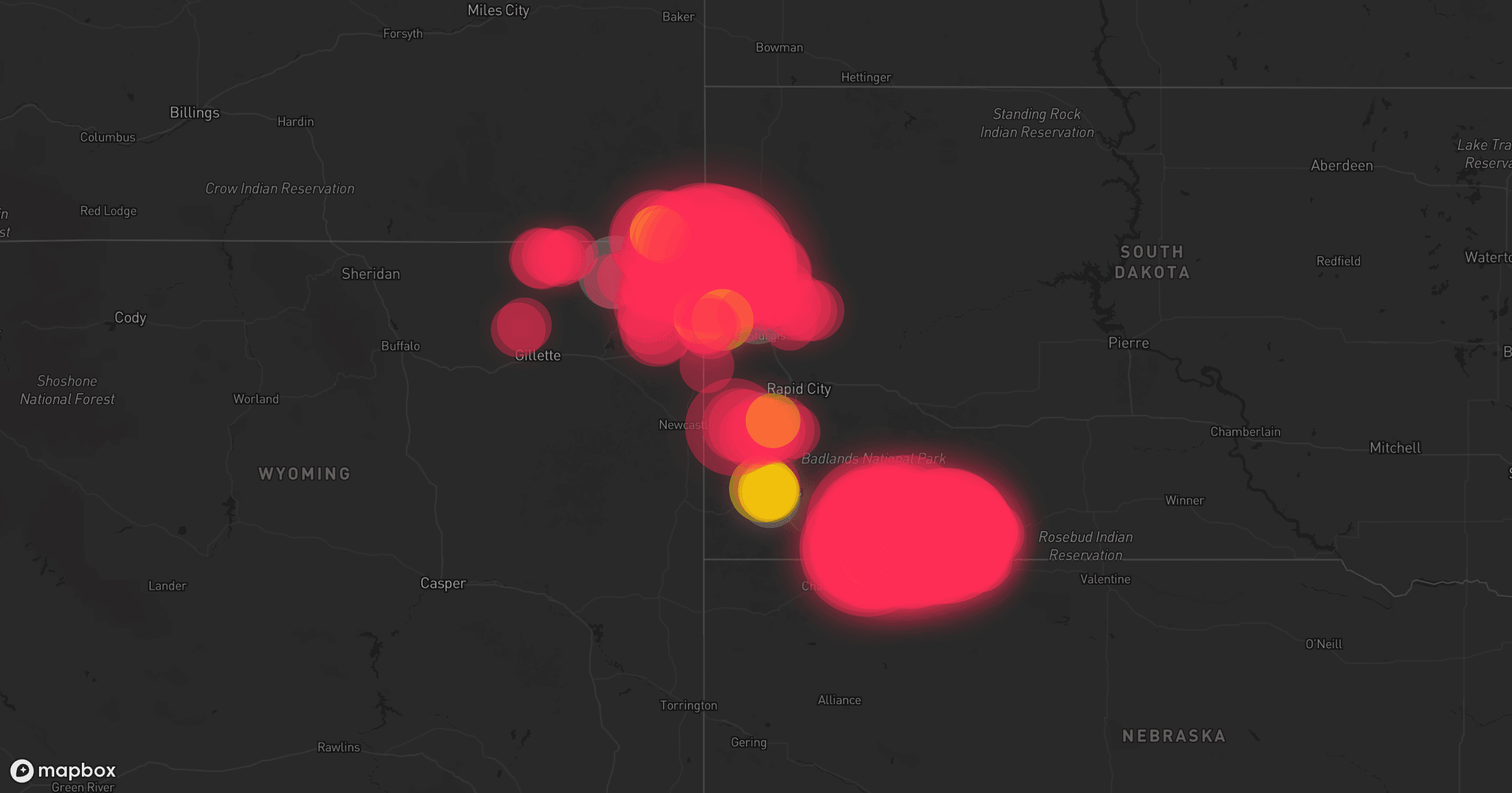 Storm map for 75 areas across Nebraska, Kansas, Texas, Montana, South Dakota, New Mexico, Wyoming, Colorado, and Oklahoma