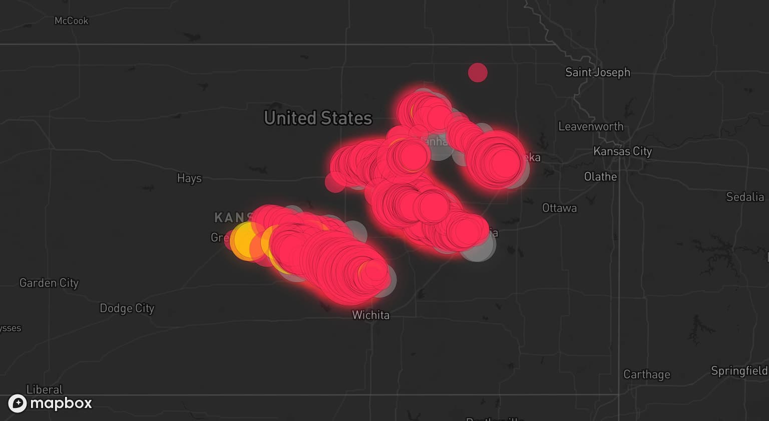 Storm map for 34 areas across Kansas