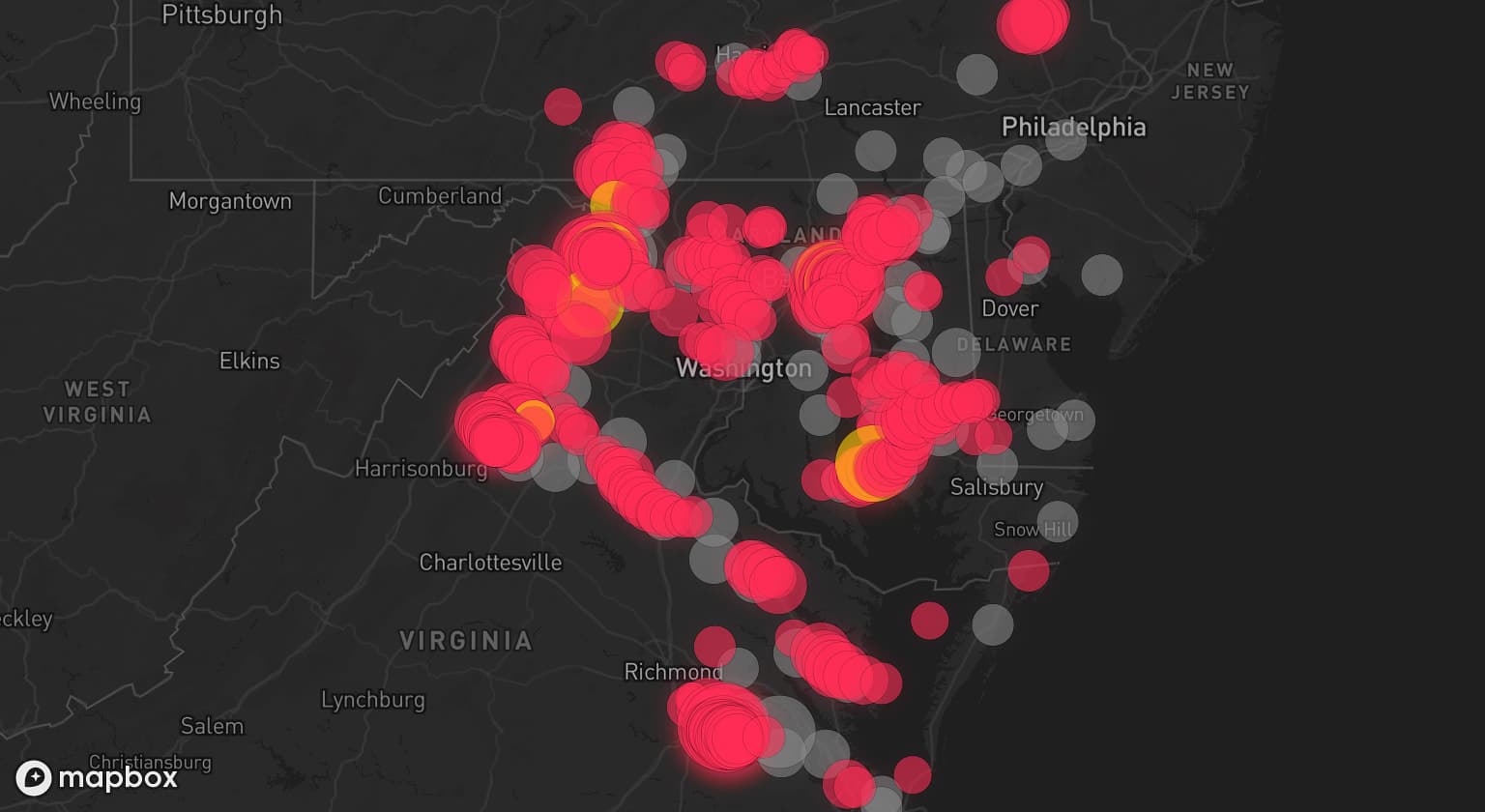 Storm map for 79 areas across West Virginia, Virginia, Maryland, North Carolina, Pennsylvania, Delaware, Washington, D.C., and New Jersey