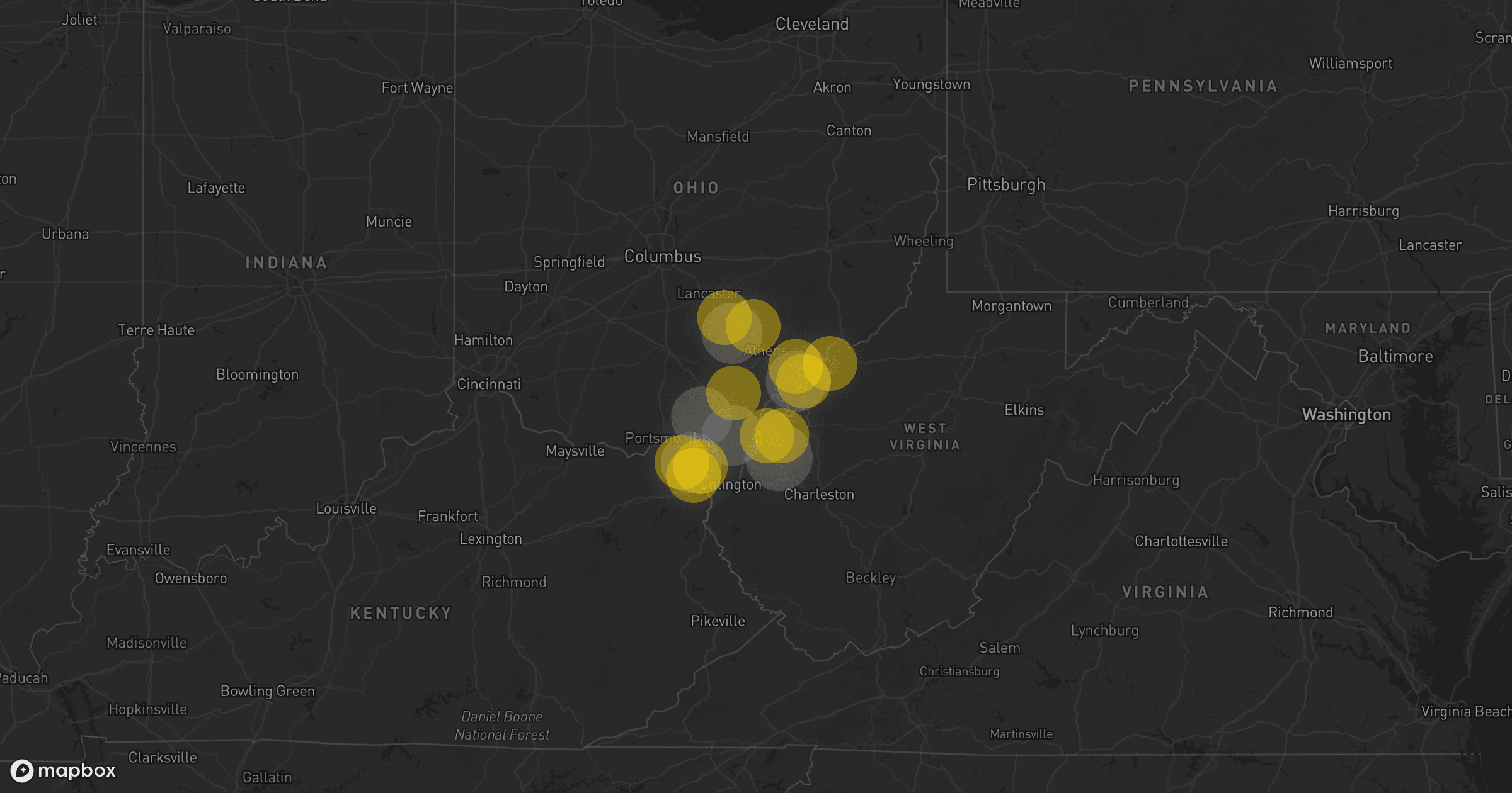 Storm map for 33 areas across Pennsylvania, West Virginia, and Ohio