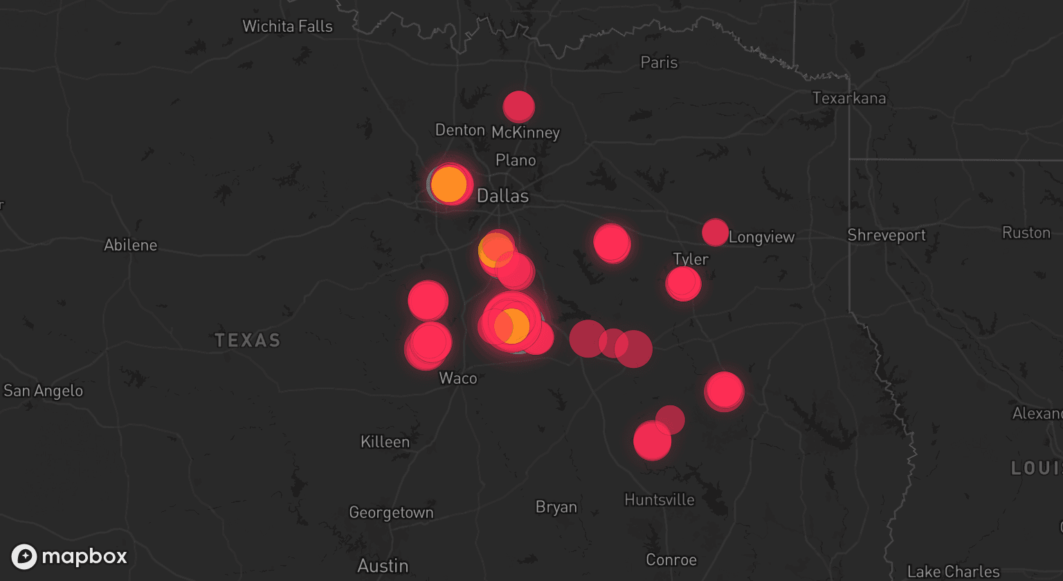 Storm map for 3 areas across Texas