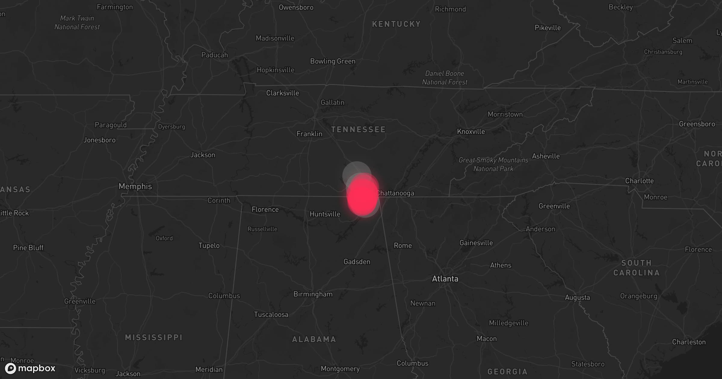 Storm map for 3 areas across Tennessee and Alabama