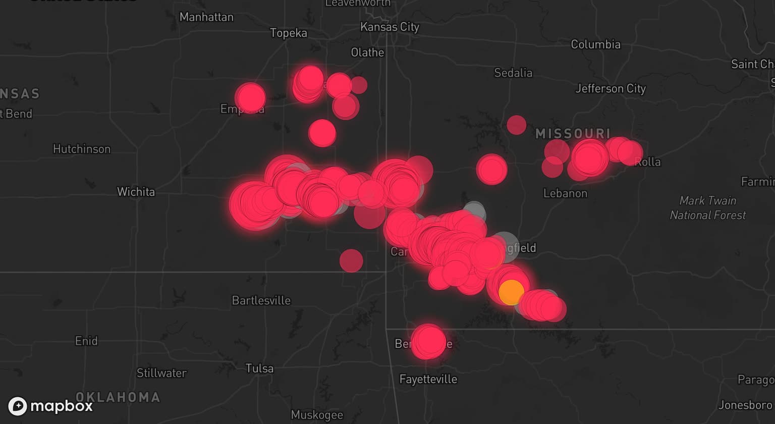 Storm map for 16 areas across Kansas and Missouri