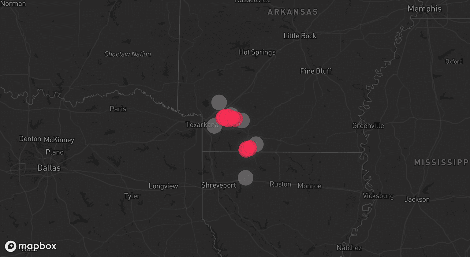 Storm map for 6 areas across Arkansas and Louisiana