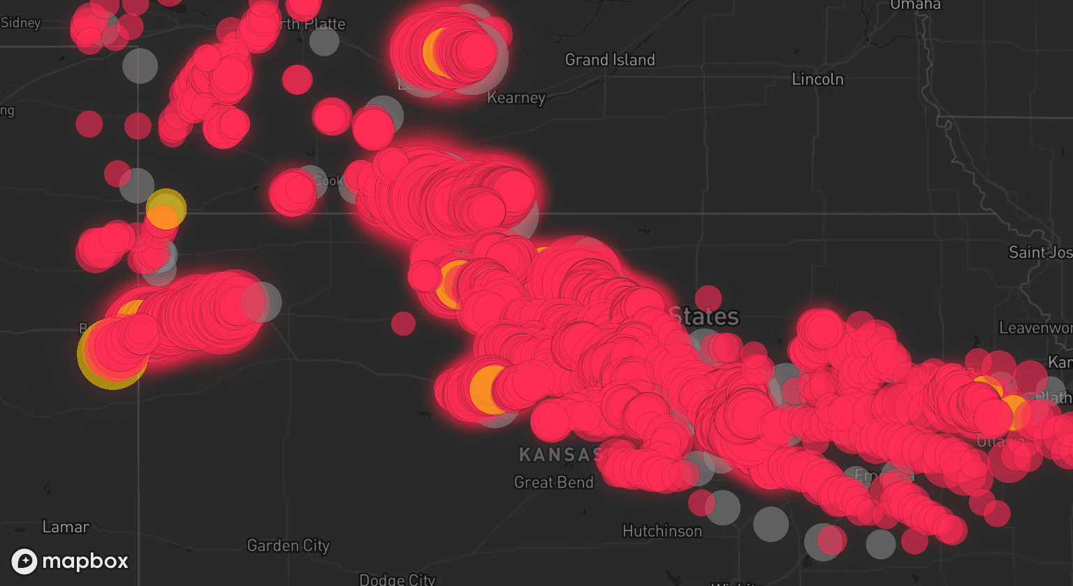 Storm map for 68 areas across Nebraska, Kansas, Colorado, and Missouri