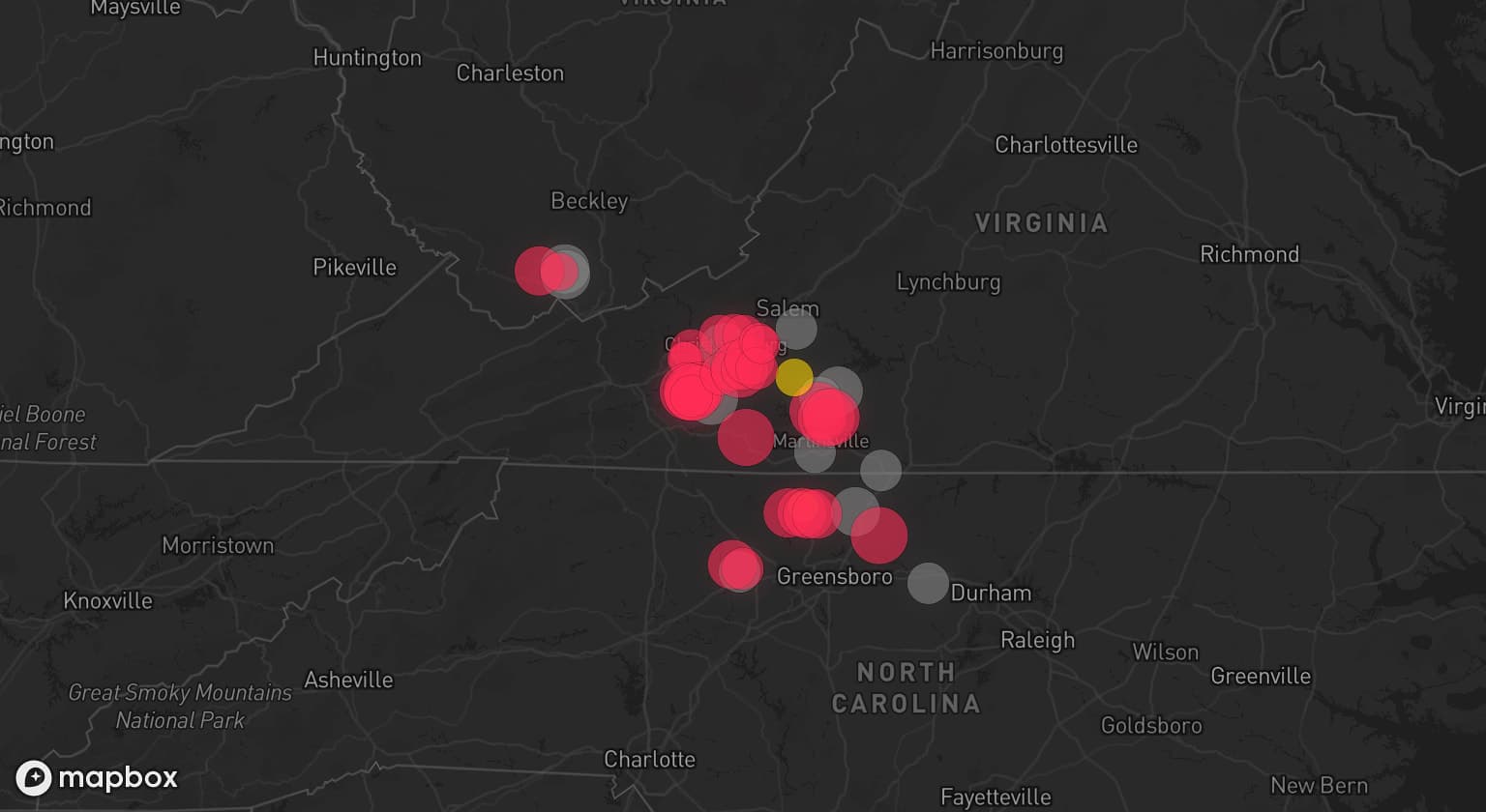 Storm map for 11 areas across Virginia, West Virginia, and North Carolina