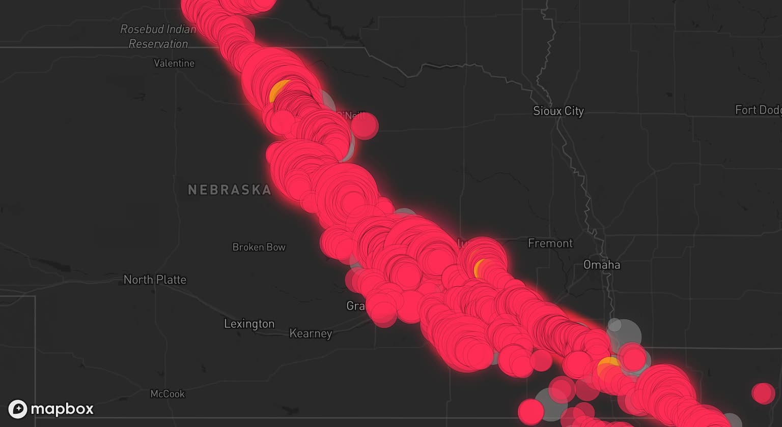 Storm map for 36 areas across Nebraska, Iowa, Kansas, South Dakota, and Missouri