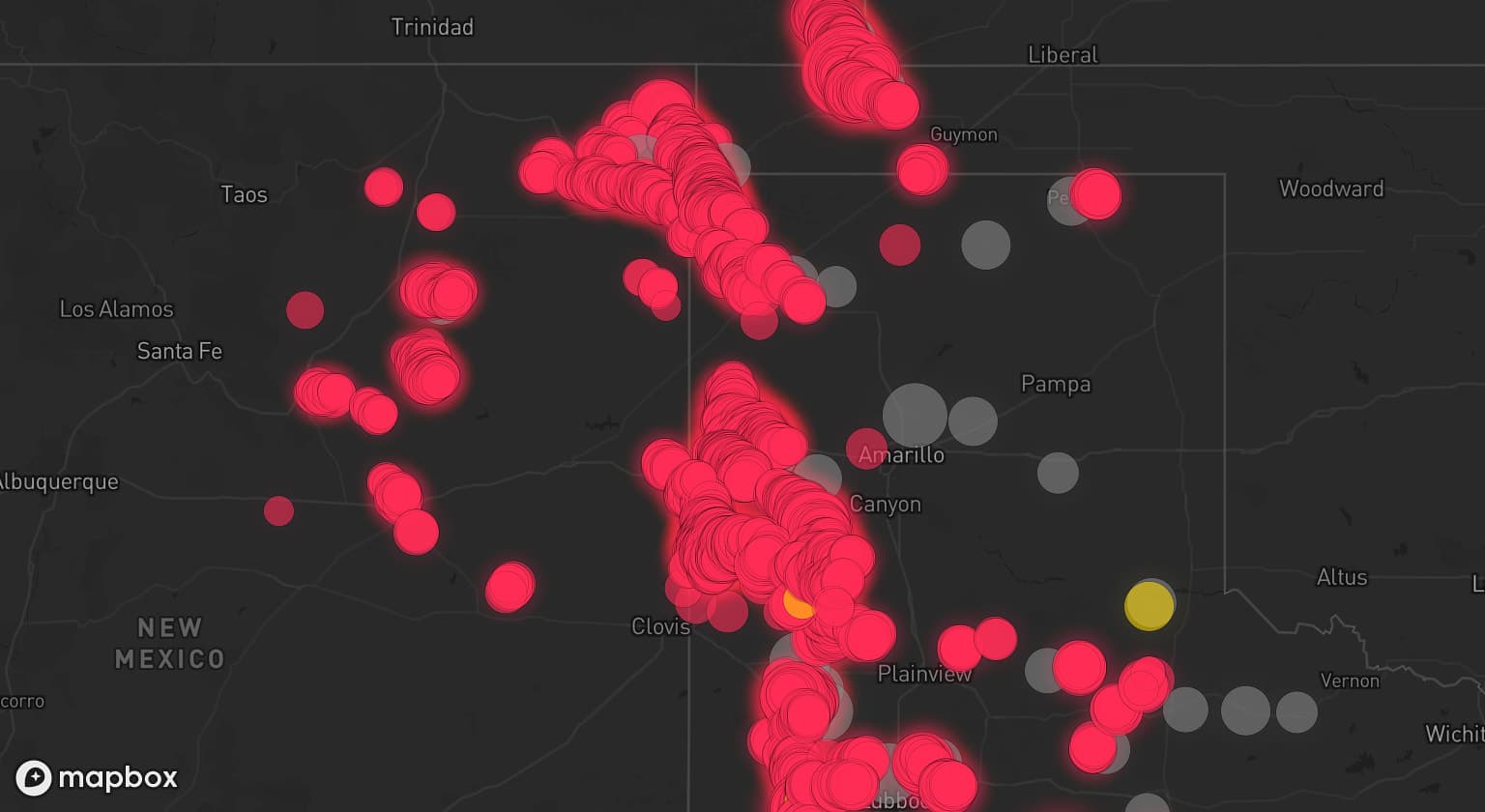 Storm map for 25 areas across New Mexico, Texas, Oklahoma, and Colorado