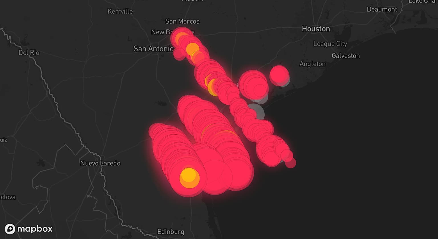 Storm map for 20 areas across Texas and US