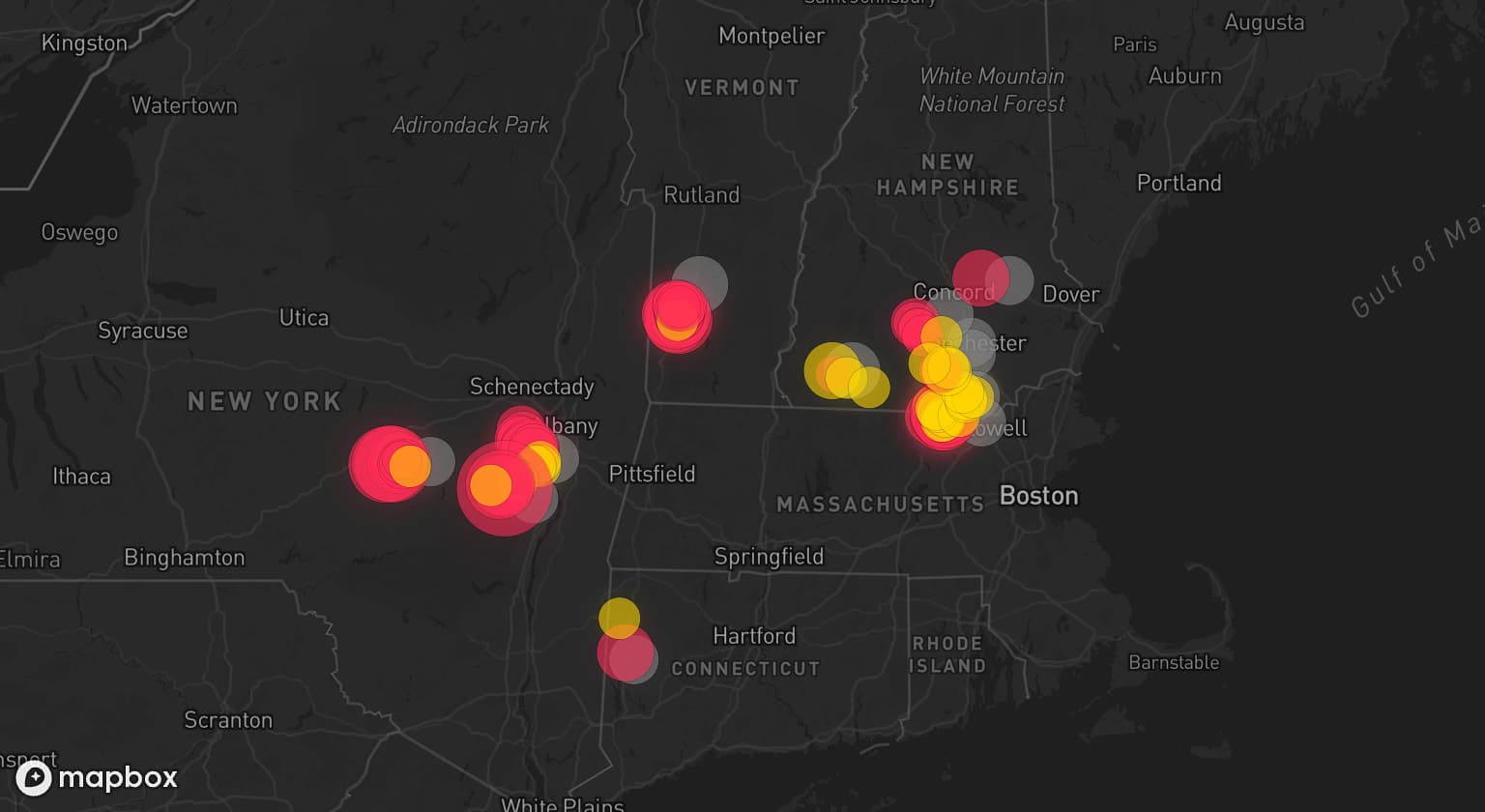 Storm map for 11 areas across New Hampshire, Vermont, New York, Massachusetts, and Connecticut