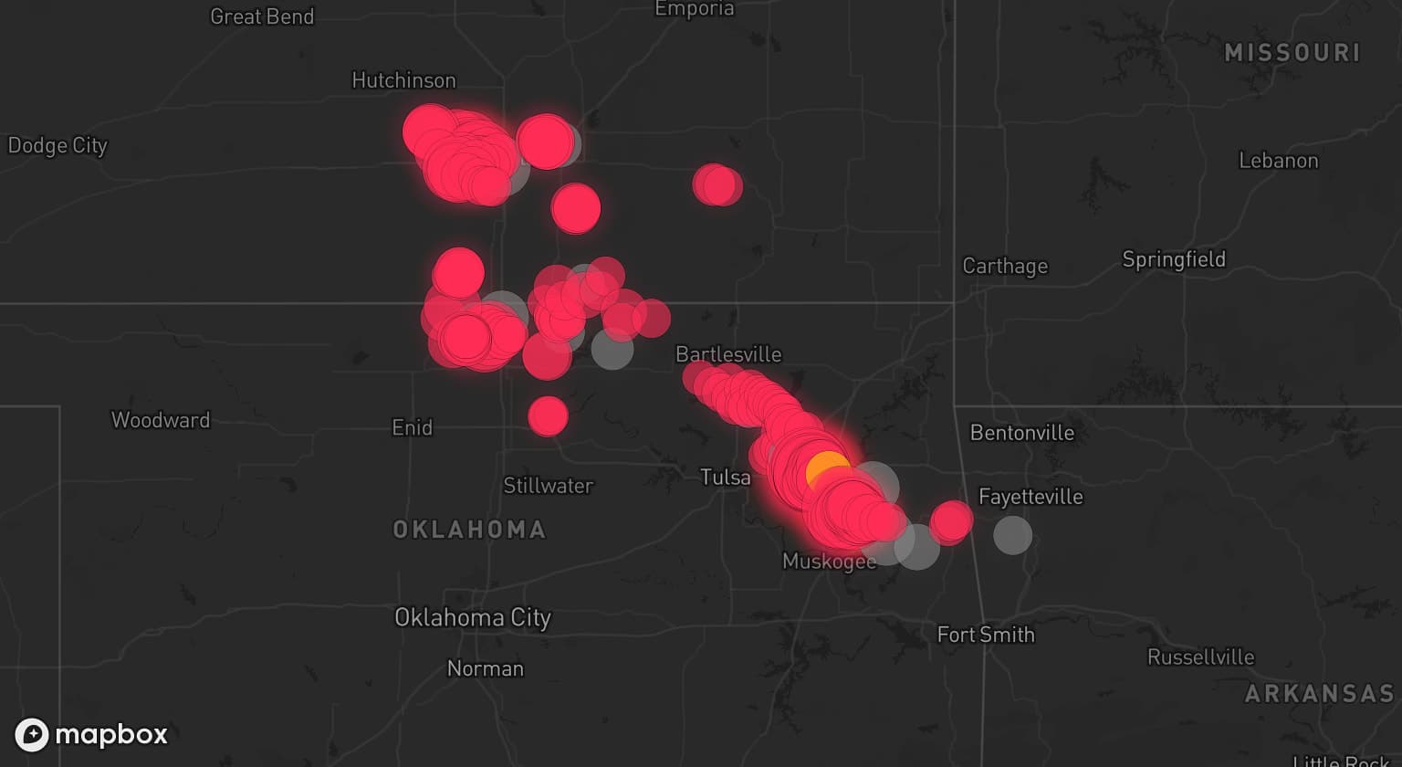 Storm map for 13 areas across Kansas, Oklahoma, and Arkansas