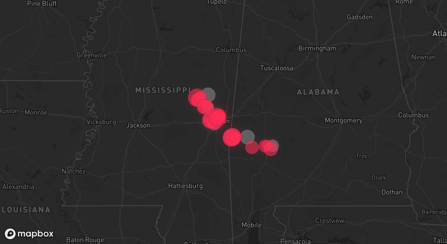 Storm map for 9 areas across Alabama and Mississippi