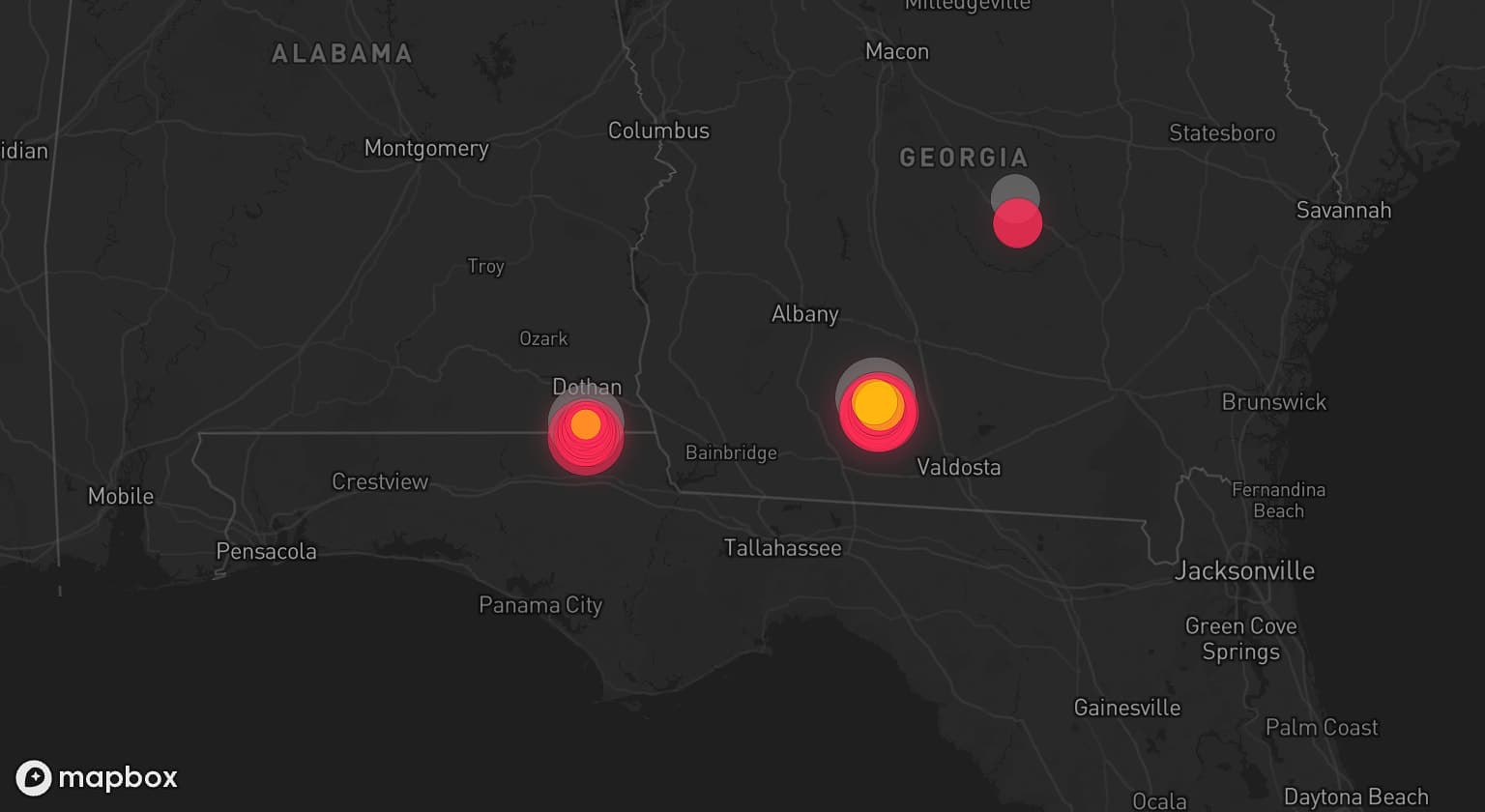 Storm map for 4 areas across Georgia, Alabama, and US