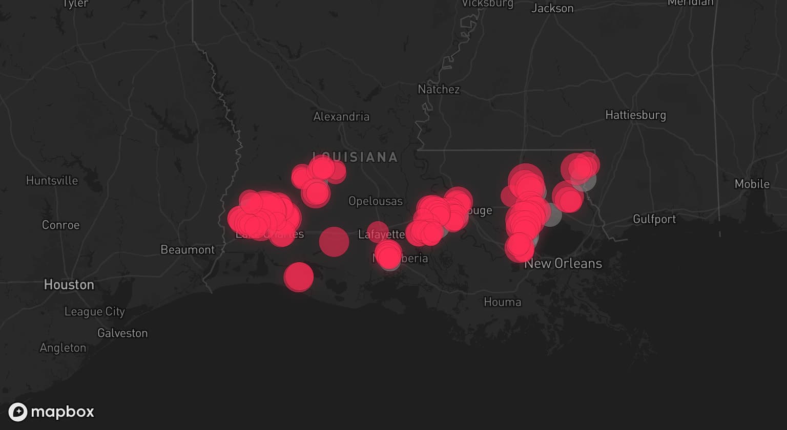 Storm map for 11 areas across Louisiana