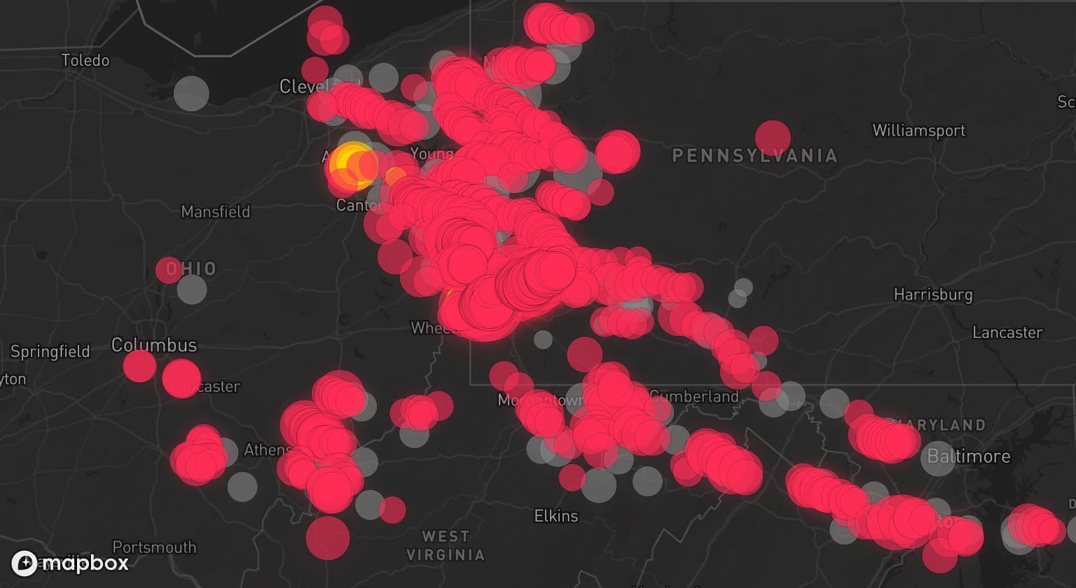 Storm map for 85 areas across Pennsylvania, Ohio, West Virginia, Maryland, Virginia, and Delaware