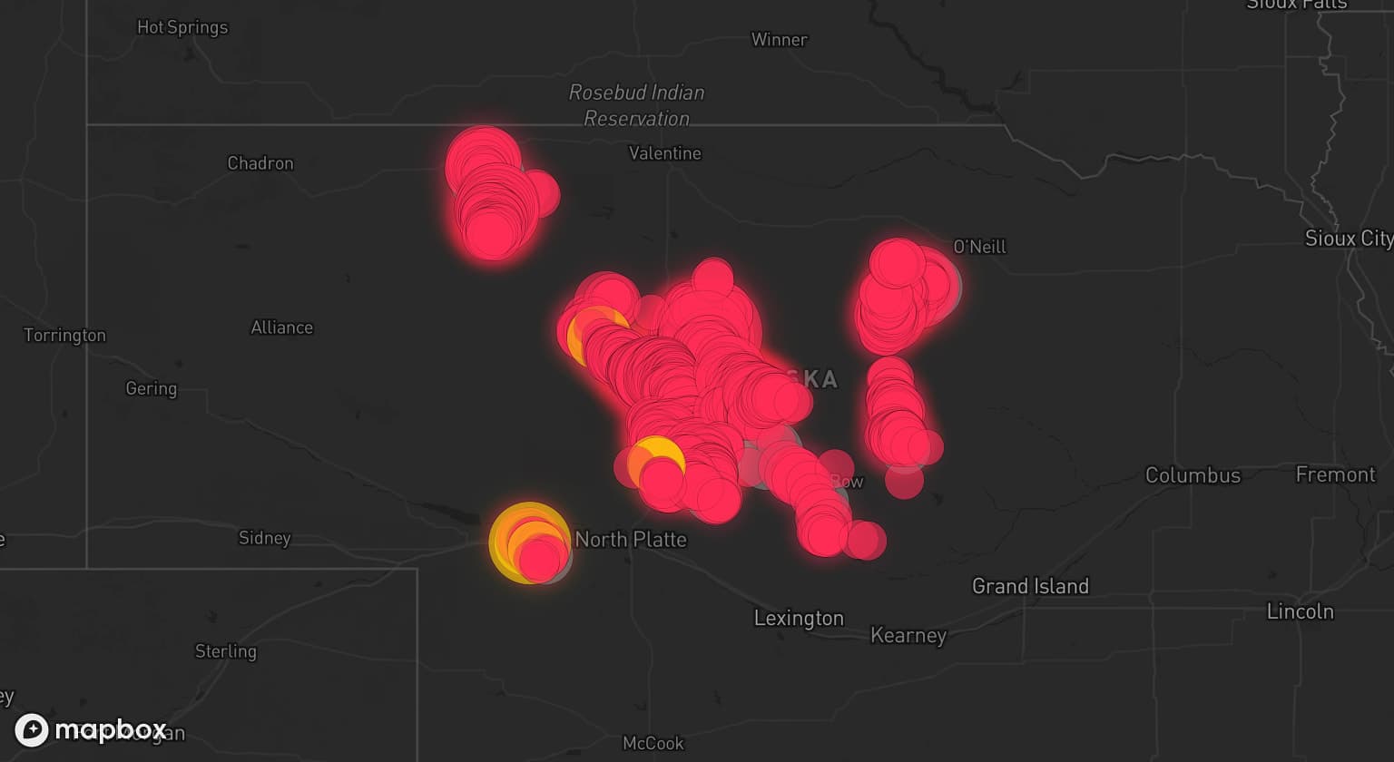 Storm map for 14 areas across Nebraska