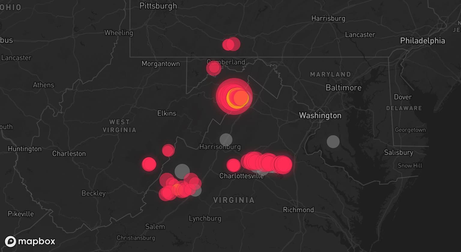 Storm map for 11 areas across Virginia, West Virginia, and Maryland