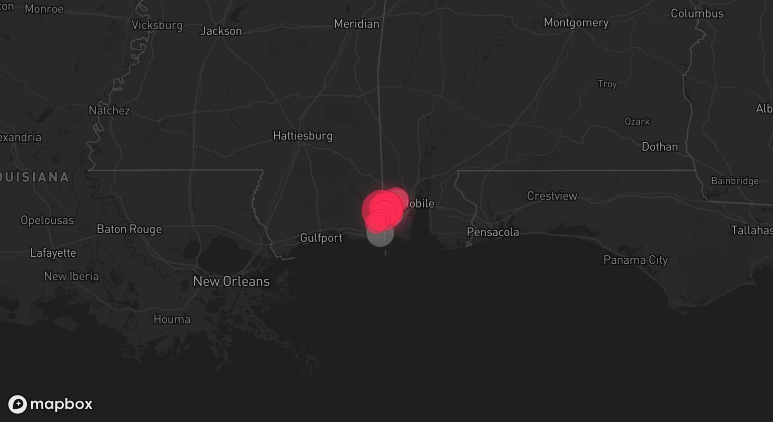 Storm map for 3 areas across Mississippi and Alabama