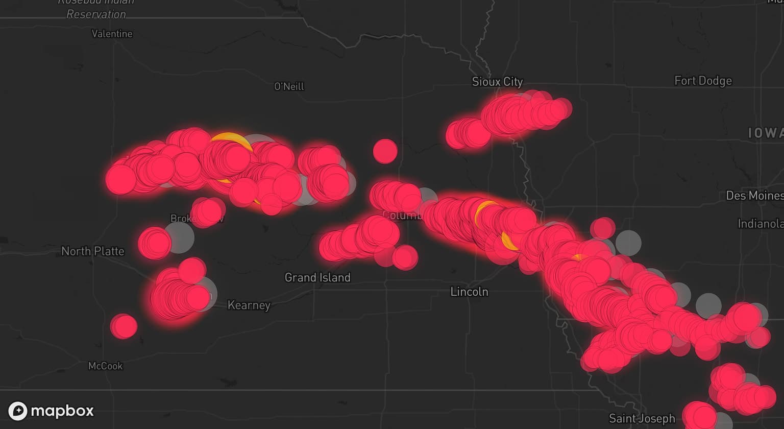 Storm map for 30 areas across Nebraska, Iowa, and Missouri