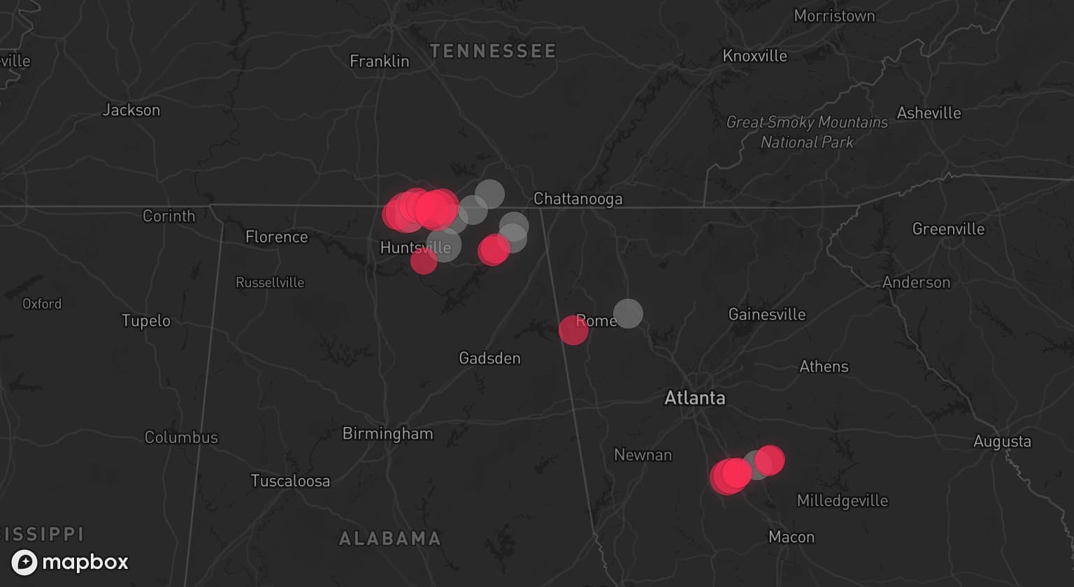 Storm map for 9 areas across Alabama, Tennessee, and Georgia
