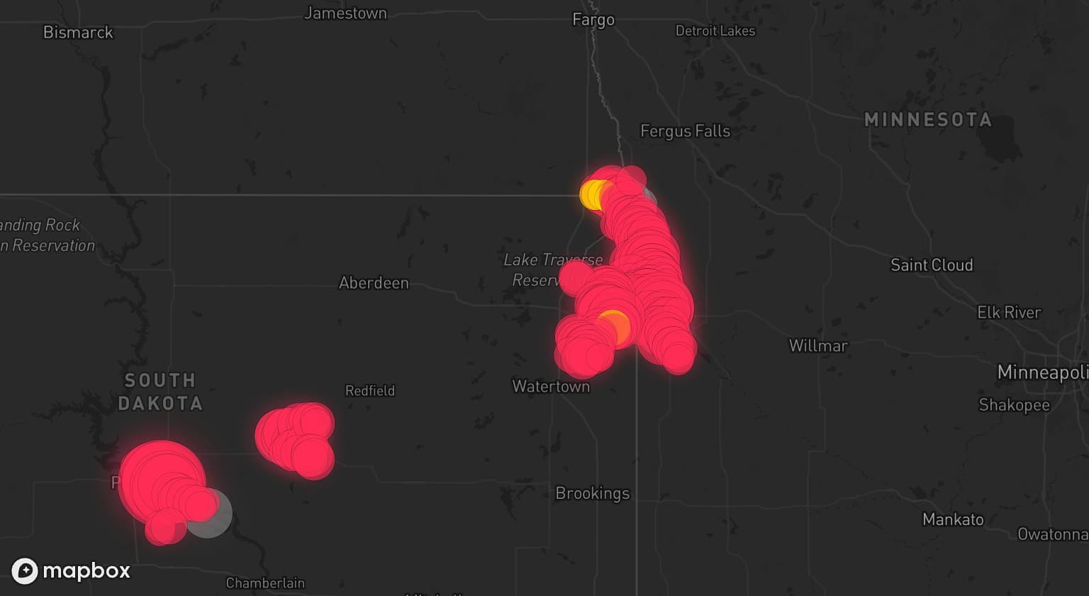 Storm map for 12 areas across South Dakota, Minnesota, and North Dakota