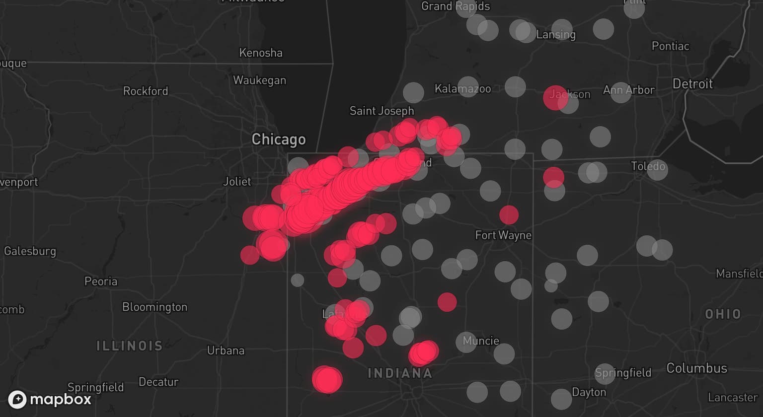 Storm map for 66 areas across Indiana, Ohio, Michigan, and Illinois