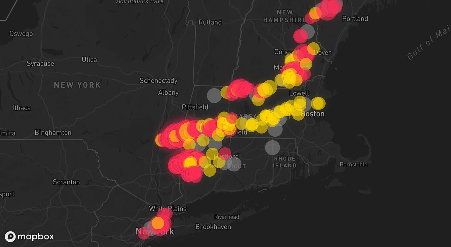 Storm map for 28 areas across Maine, Massachusetts, Connecticut, New Jersey, New Hampshire, and New York