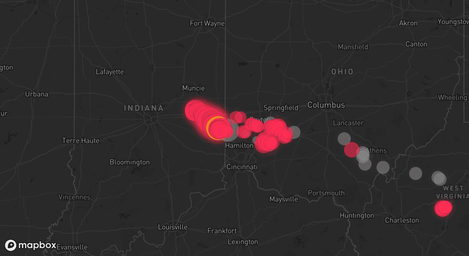 Storm map for 16 areas across Ohio, Indiana, and West Virginia