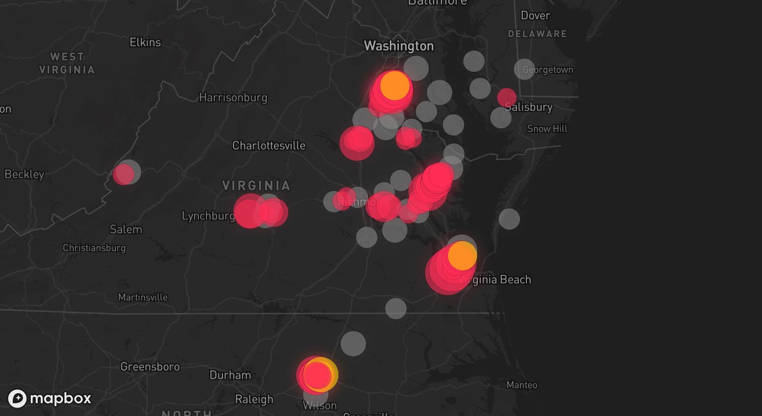 Storm map for 30 areas across Virginia, North Carolina, Maryland, and Delaware