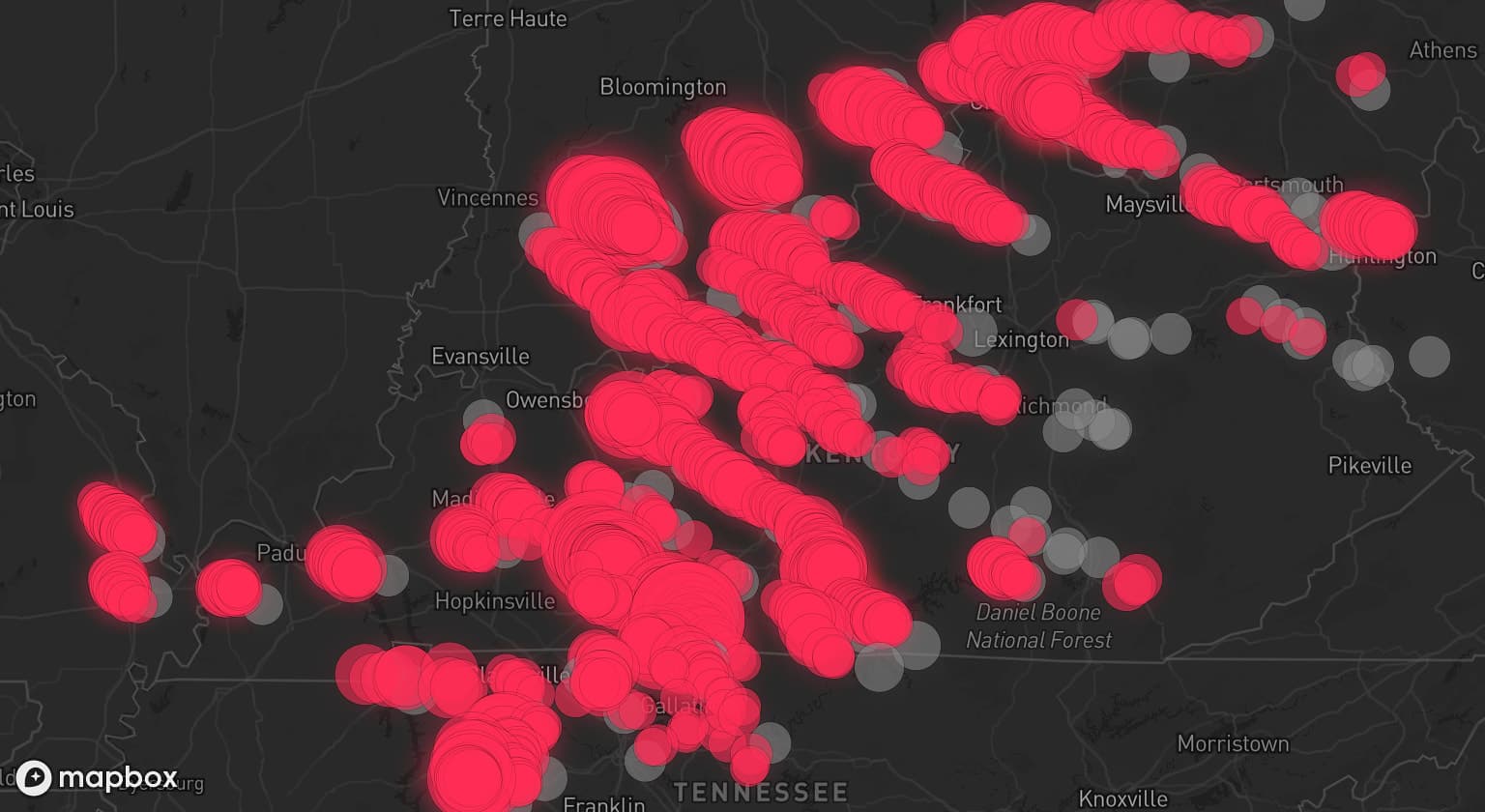 Storm map for 109 areas across Indiana, Kentucky, Tennessee, Ohio, Missouri, and West Virginia