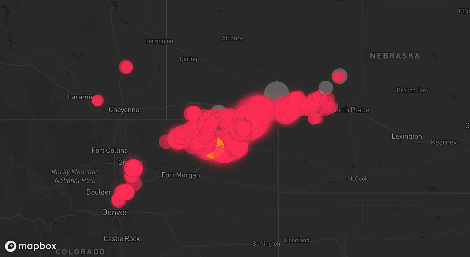 Storm map for 10 areas across Colorado and Nebraska