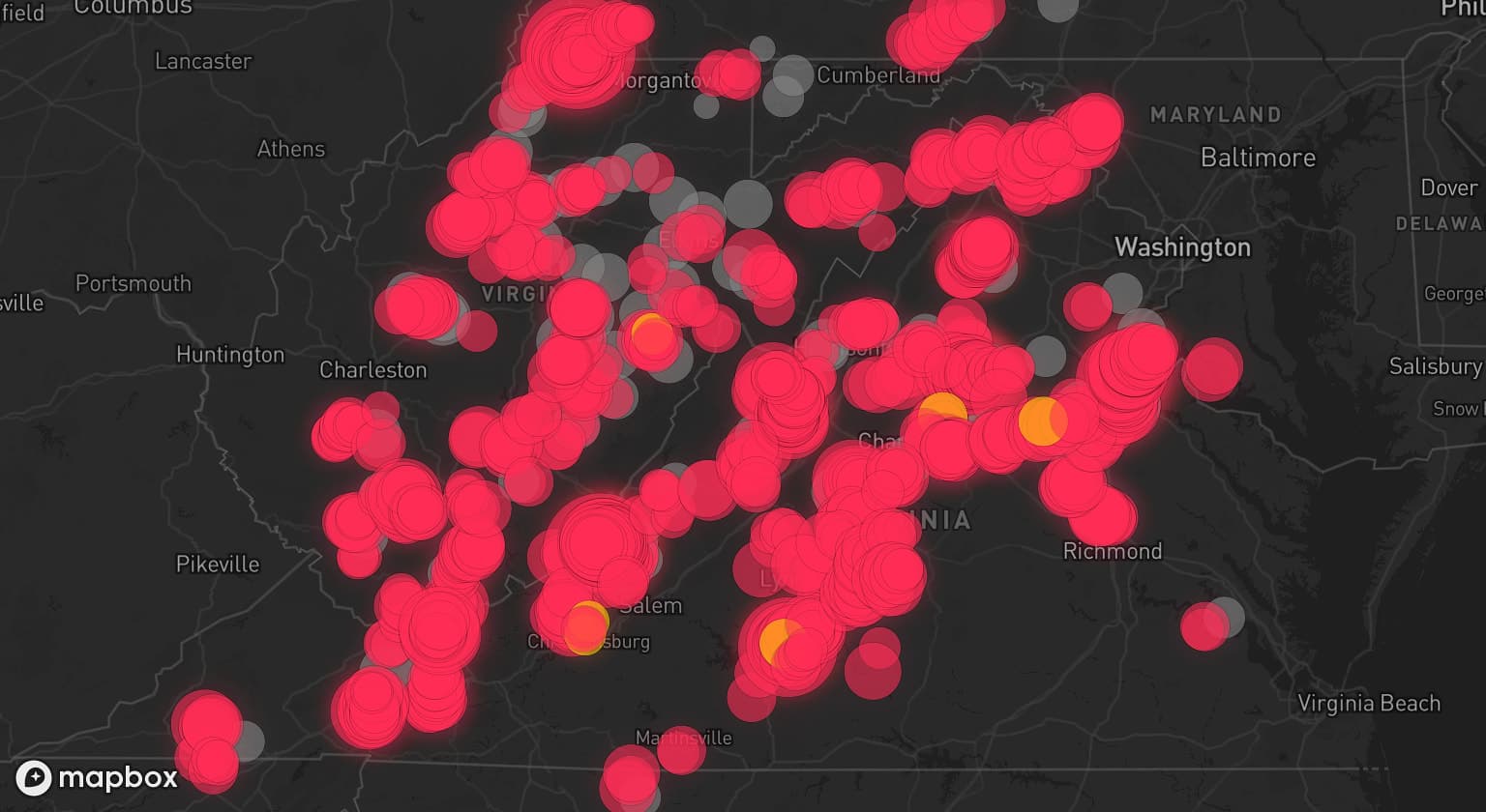 Storm map for 76 areas across Pennsylvania, Virginia, West Virginia, North Carolina, and Maryland
