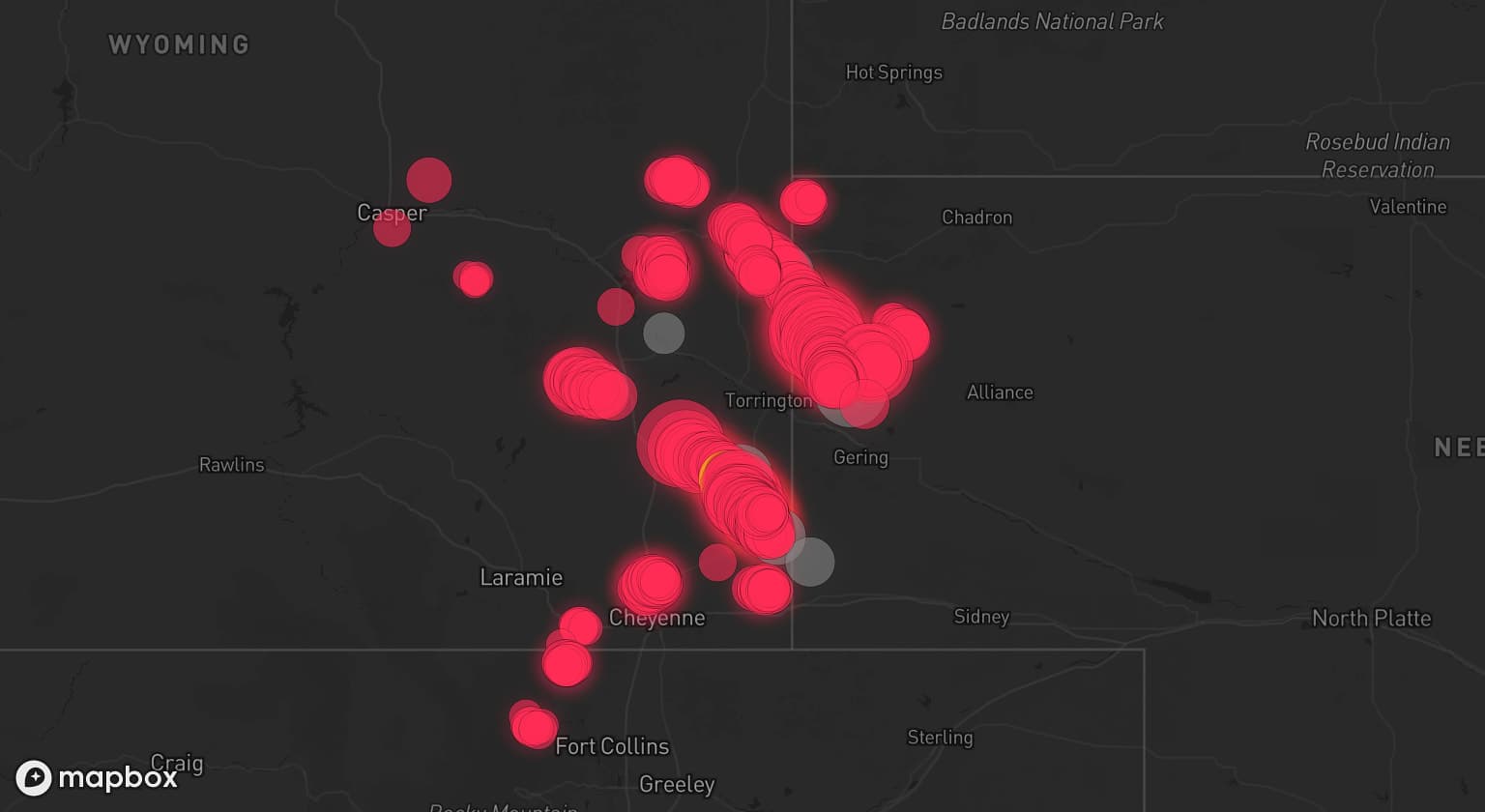 Storm map for 8 areas across Nebraska and Wyoming