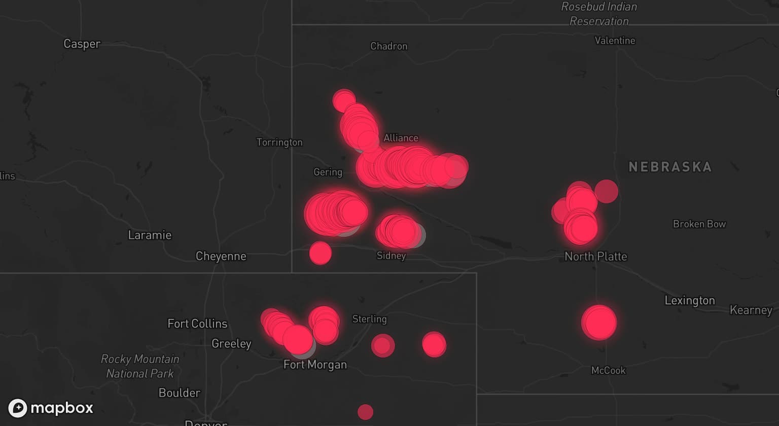 Storm map for 7 areas across Nebraska and Colorado