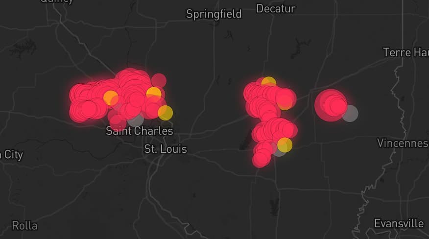 Storm map for 5 areas across Missouri and Illinois
