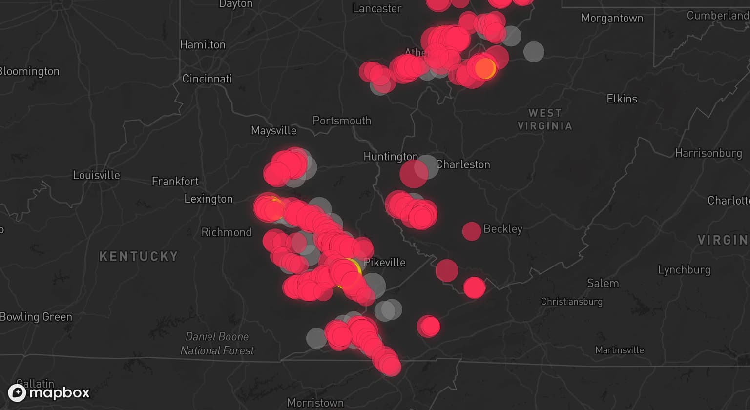 Storm map for 32 areas across Kentucky, Ohio, West Virginia, Tennessee, Virginia, and North Carolina