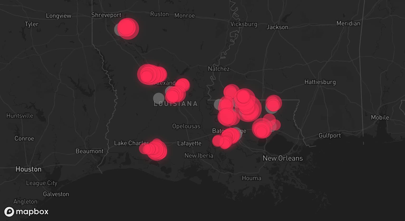 Storm map for 13 areas across Louisiana