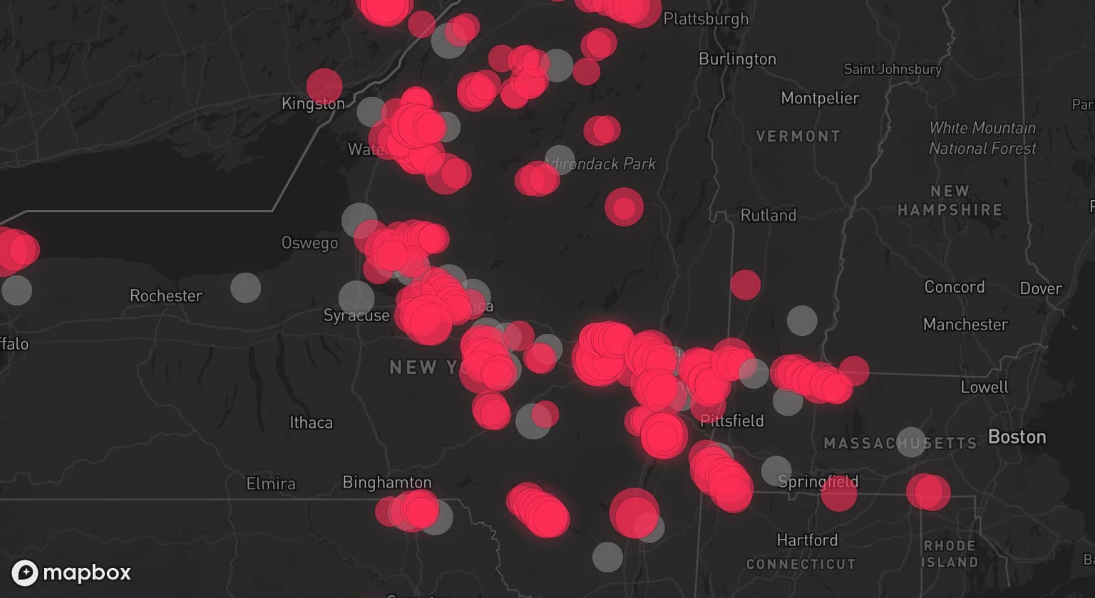 Storm map for 36 areas across New York, Pennsylvania, Massachusetts, and Vermont