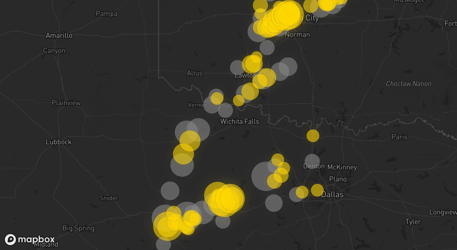 Storm map for 65 areas across Texas, Oklahoma, and Kansas