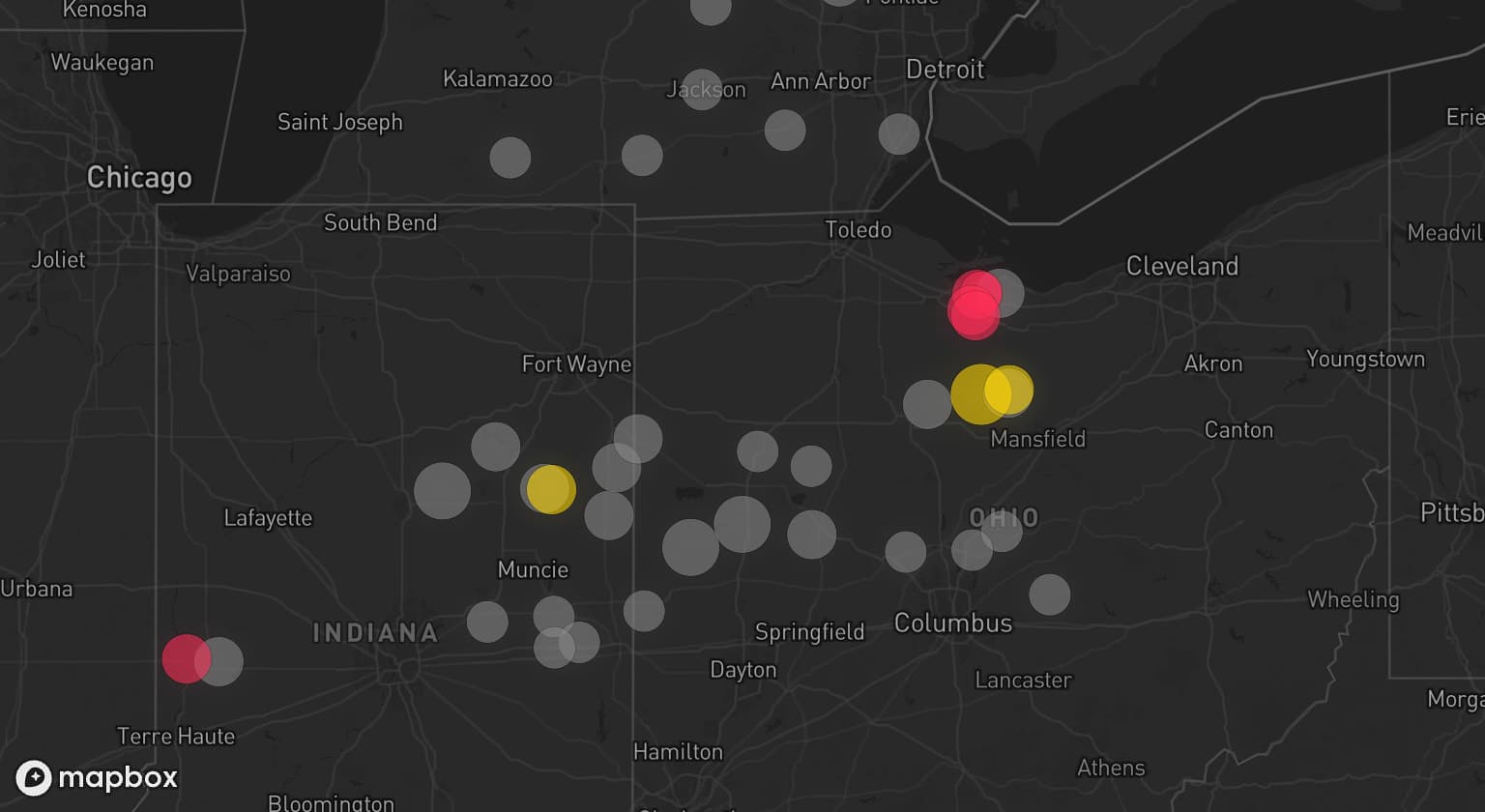 Storm map for 32 areas across Ohio, Indiana, and Michigan