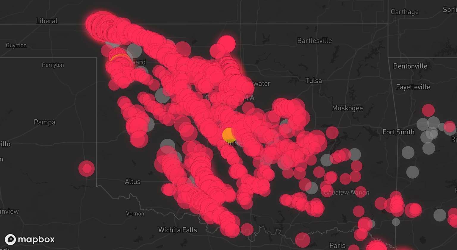 Storm map for 51 areas across Oklahoma and Arkansas