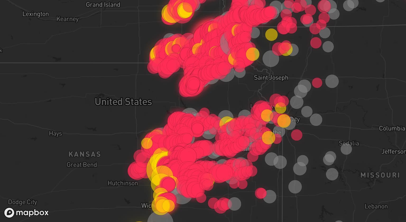 Storm map for 189 areas across Nebraska, Kansas, Missouri, Oklahoma, Iowa, Minnesota, and Wisconsin