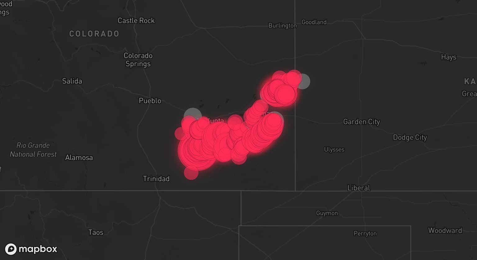 Storm map for 8 areas across Colorado and Kansas