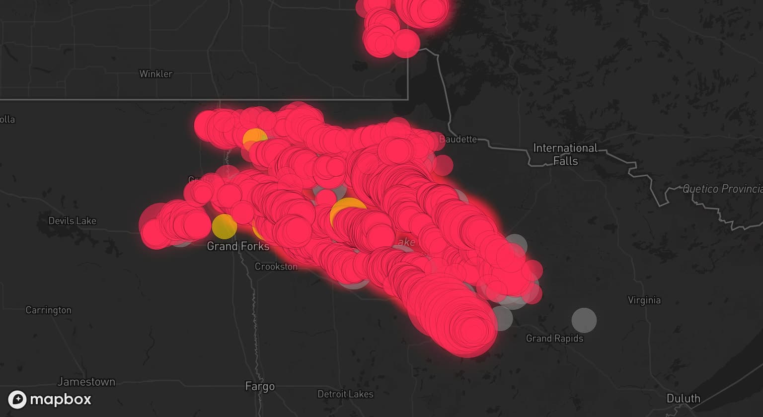 Storm map for 23 areas across Minnesota and North Dakota