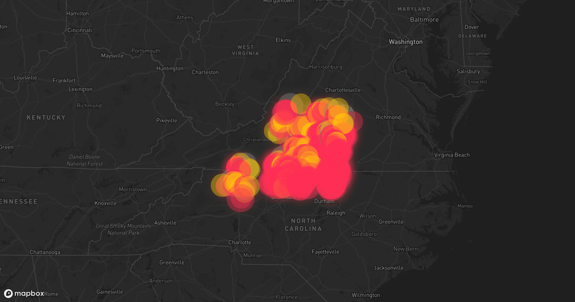 Storm map for 29 areas across Virginia, Maryland, North Carolina, and South Carolina