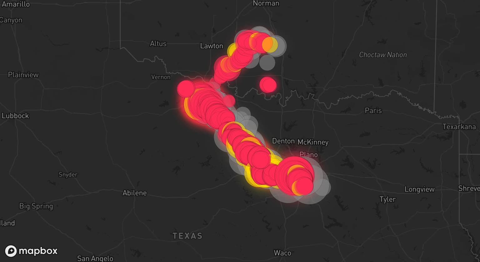 Storm map for 27 areas across Texas and Oklahoma